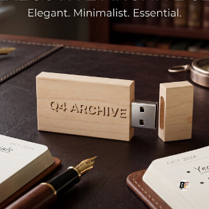 Q4 Archive Engraved Typography Natural Wood Flash Drive