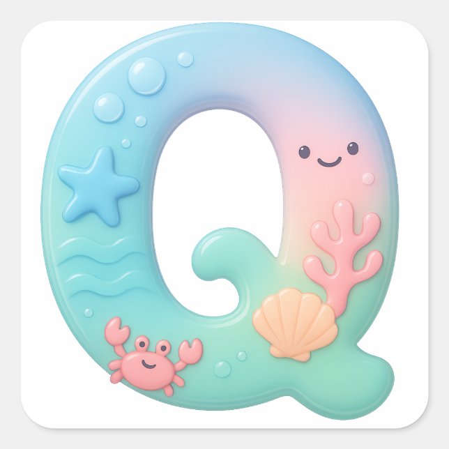 "Q" Cute Letter - Underwater Sea Creature Square Sticker (Front)