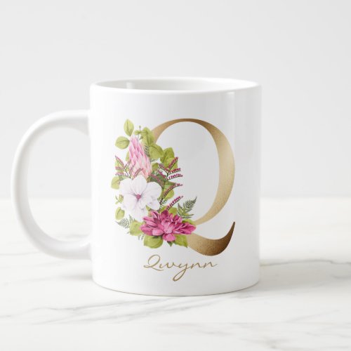 Q Letter Gold Monogram Pink White Magenta Floral Giant Coffee Mug