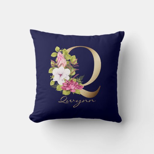 Q Letter Gold Monogram Pink White Magenta Floral Throw Pillow