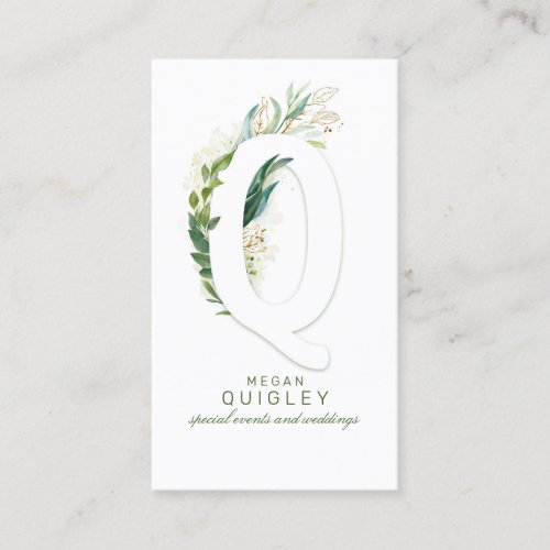 Q Letter Monogram Gold Greenery Leaves Elegant Business Card