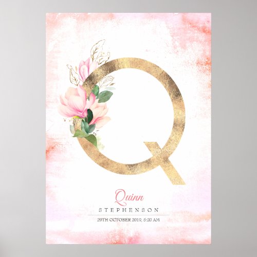 Q Letter Monogram Gold Leaves Pink Magnolia Floral Poster