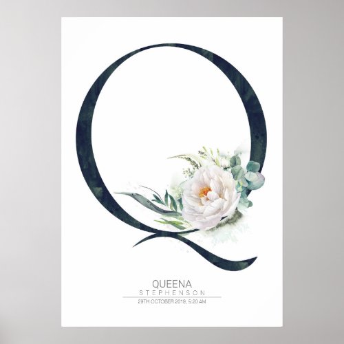 Q Letter Monogram White Flowers and Greenery Poster