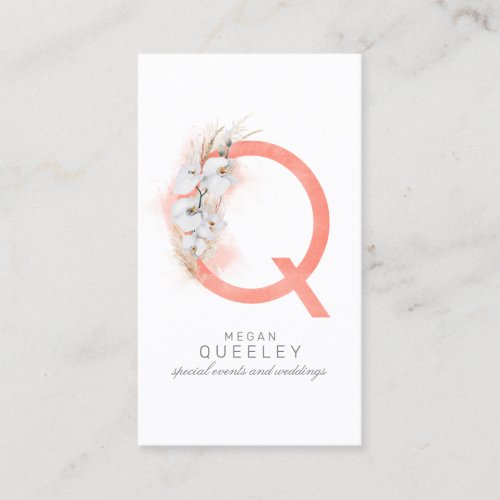 Q Letter Monogram White Orchids and Pampas Grass Business Card