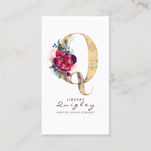 Q Monogram Burgundy Red Flowers and Gold Glitter Business Card