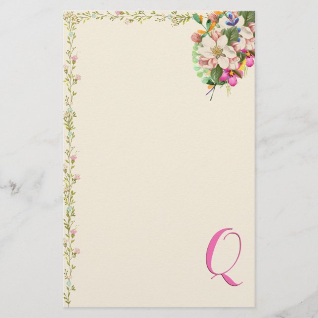 Q Monogram Floral Bouquet Stationery (Front)