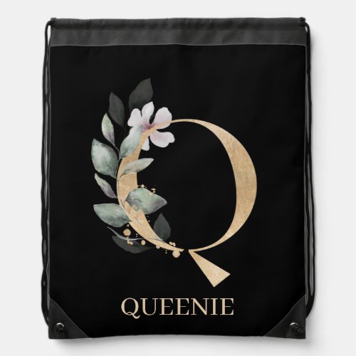 Q Monogram Floral Personalized Drawstring Bag