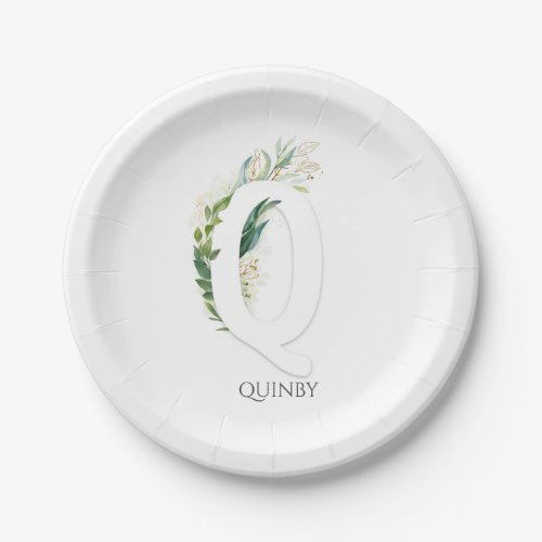 Q Monogram Gold Greenery Leaves Elegant Name Paper Plates