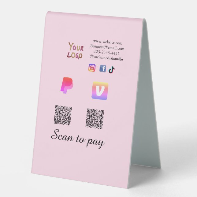 Q R code PayPal venmo scan pay add social media de Table Tent (Front)