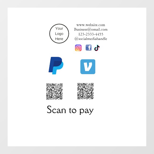 Q R code PayPal venmo scan pay add social media de Window Cling (Sheet)
