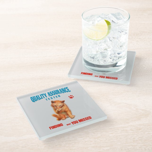 QA Tester Cat Humor Glass Coaster (Angled)