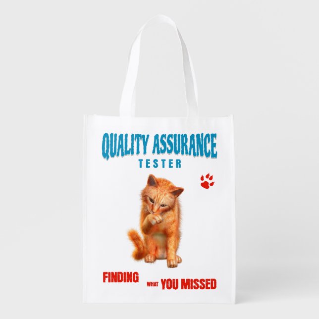QA Tester Cat Humor Grocery Bag (Front)