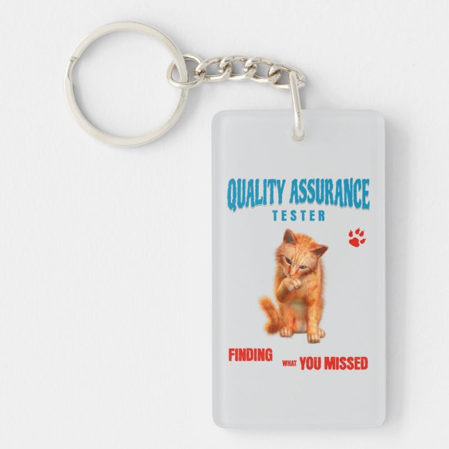QA Tester Cat Humor Keychain (Front)