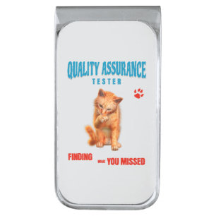 QA Tester Cat Humor Silver Finish Money Clip