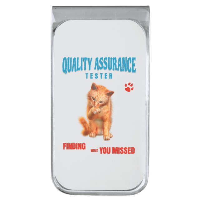 QA Tester Cat Humor Silver Finish Money Clip (Front Vertical)