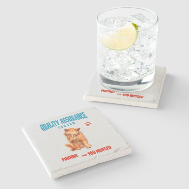 QA Tester Cat Humor Stone Coaster (Side)