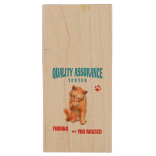 QA Tester Cat Humor Wood Flash Drive