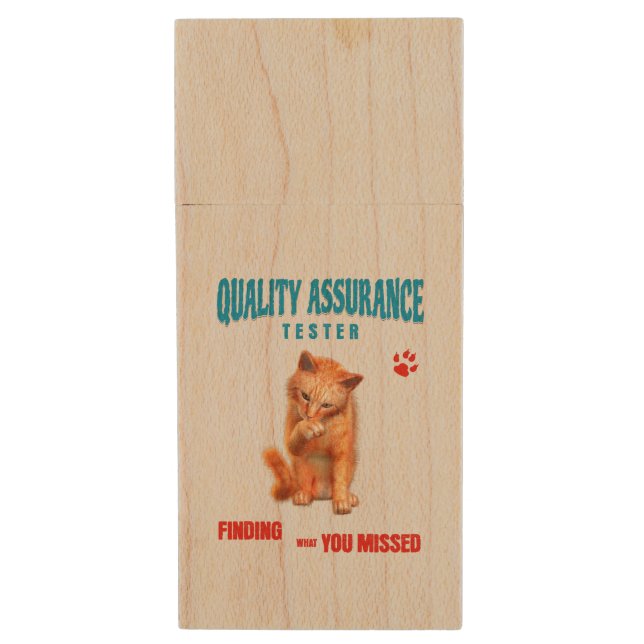 QA Tester Cat Humor Wood Flash Drive (Front Vertical)