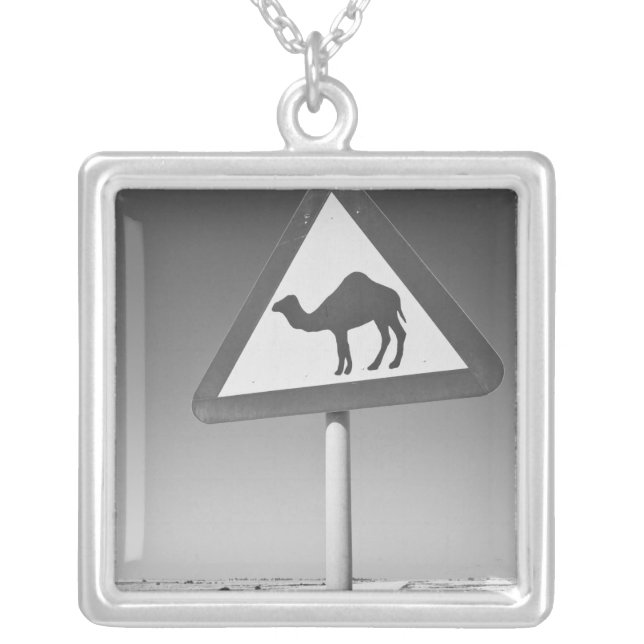 Qatar, Al Zubarah. Camel Crossing Sign-Road to Silver Plated Necklace (Front)