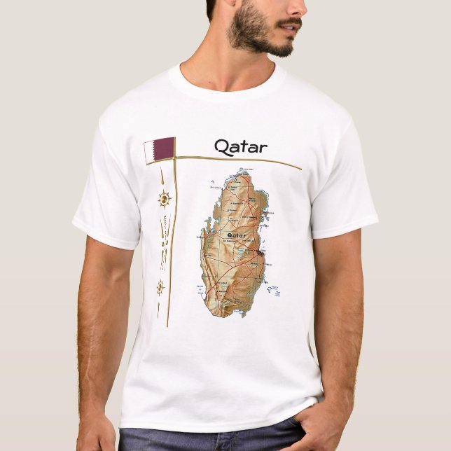 Qatar Map + Flag + Title T-Shirt (Front)
