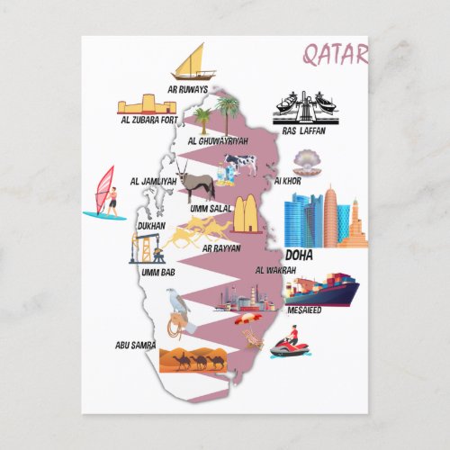 Qatar Map Landmarks tourist attractions Postcard