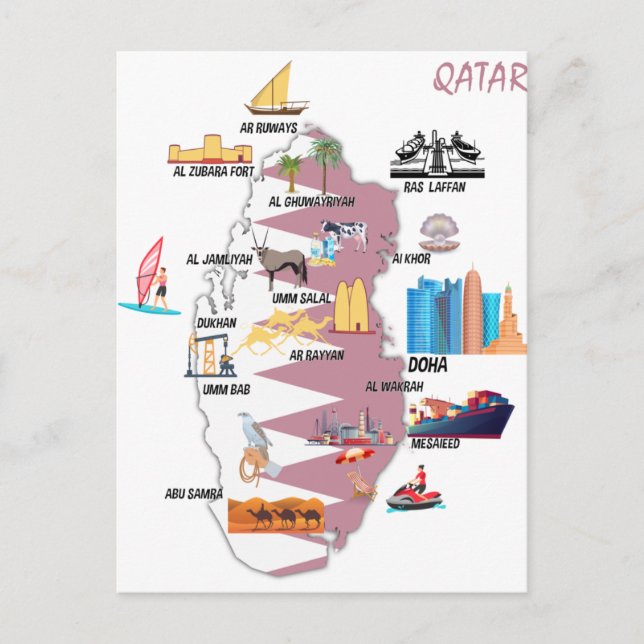 Qatar Map Landmarks tourist attractions Postcard (Front)