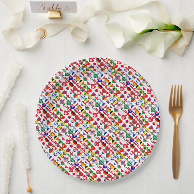 Qatar Tournament 2022 32 Hearts Country Flags Paper Plates (Wedding)
