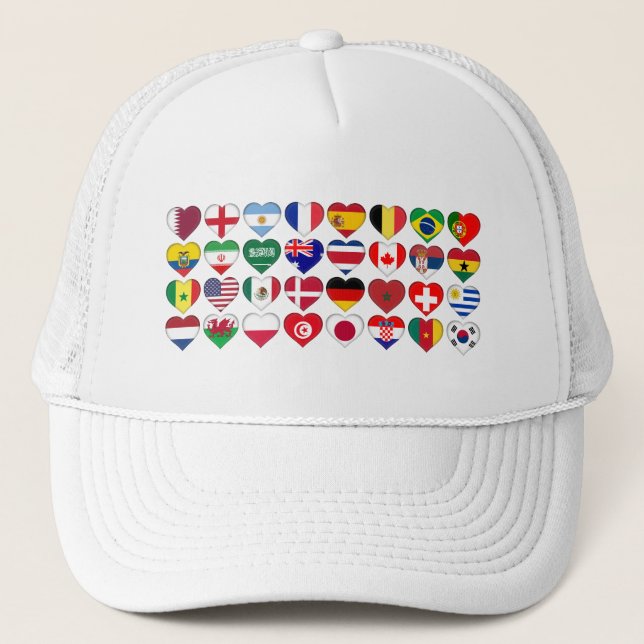 Qatar Tournament 32 Country Flags Hearts Trucker Hat (Front)