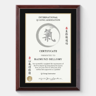Qi Gong Instructor Certificate Award Plaque