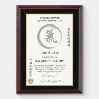 Qi Gong Instructor Certificate Award Plaque