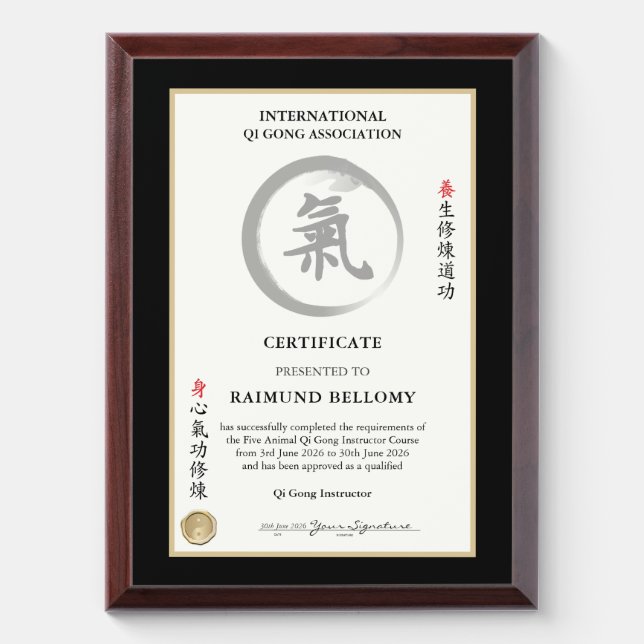 Qi Gong Instructor Certificate Award Plaque (Vertical)
