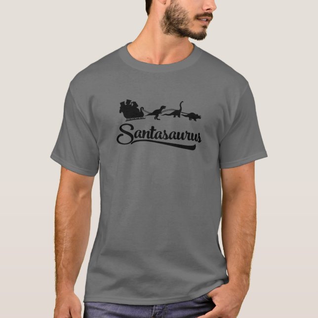 Qlva Santasaurus Merry Xmas Christmas Santa Sleigh T-Shirt (Front)
