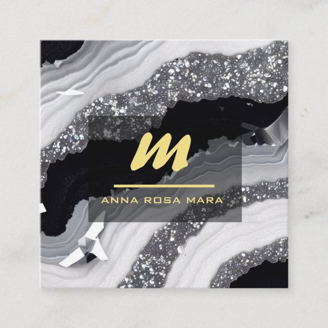 *~* QR Agate Black White Gold Glitter Initial AP66 Square Business Card (Front)