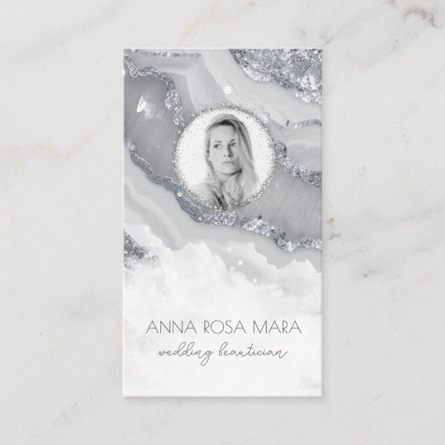 *~* QR Agate Marble PHOTO  LOGO SILVER AP66 Gray Business Card (Front)