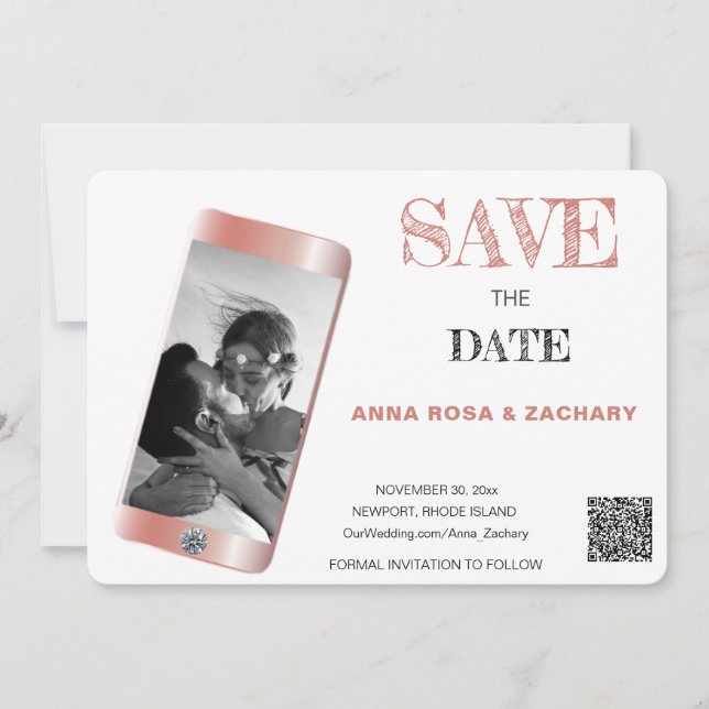 *~* QR AR6 WEDDING SAVE the DATE phone rose gold Invitation (Front)
