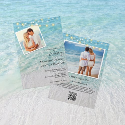 QR Beach Photo String Lights All In One Wedding Invitation