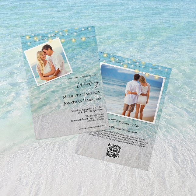 QR Beach Photo String Lights All In One Wedding Invitation (Front and back - features your QR code, wedding website, and any other wedding detail info.)