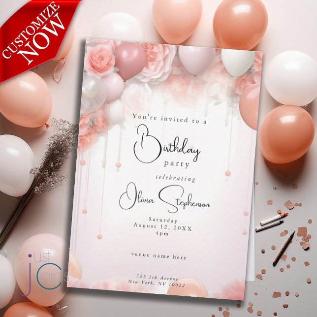 QR Birthday Coral Floral and Balloons Invitation (text is easy to customize, available as a digital download )