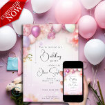 QR Birthday Pink  and Lilac Floral Balloons Invitation