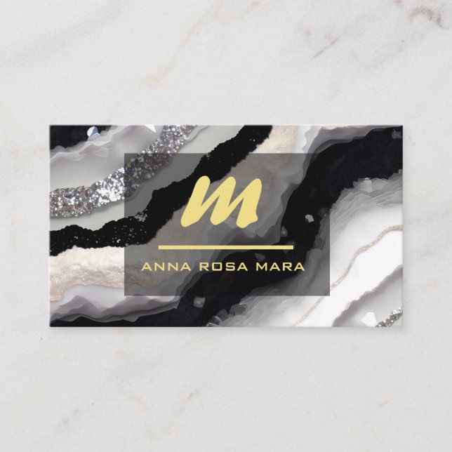*~* QR Black AP66 White Gold  Glitter Monogram Business Card (Front)