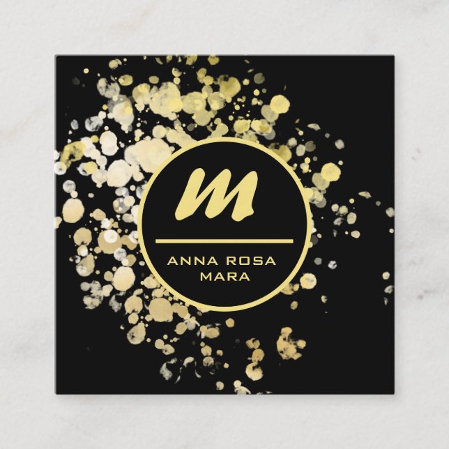 *~* QR Black Gold Glitter Dramatic Elegant AP65 Square Business Card (Front)