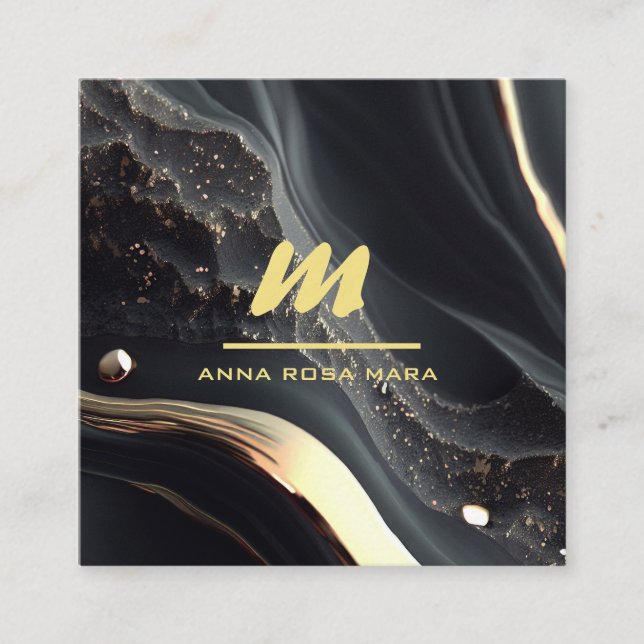 *~* QR Black Gold Glitter Dramatic Monogram AP66 Square Business Card (Front)