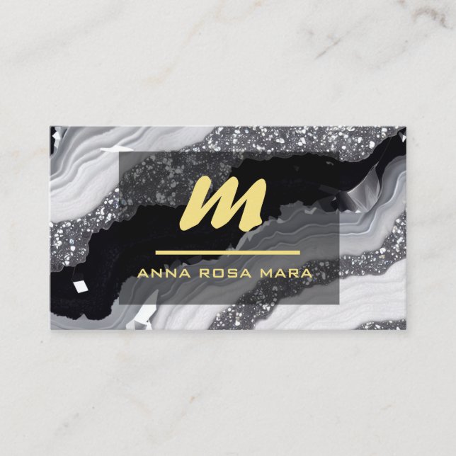 *~* QR Black White Gold  Glitter Monogram AP66 Business Card (Front)