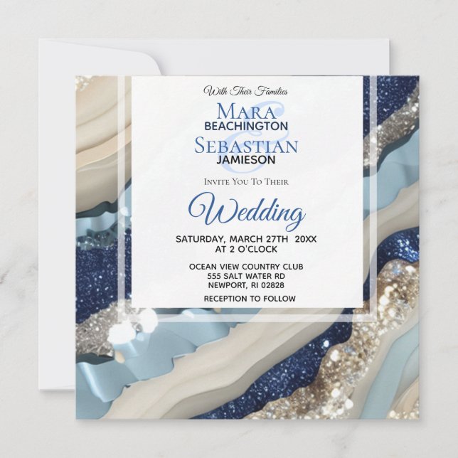 *~* QR BLUE IVORY SILVER Agate RSVP AR66 Wedding Invitation (Front)