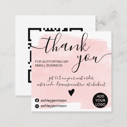 Qr brushstroke watercolor pink order thank you square business card