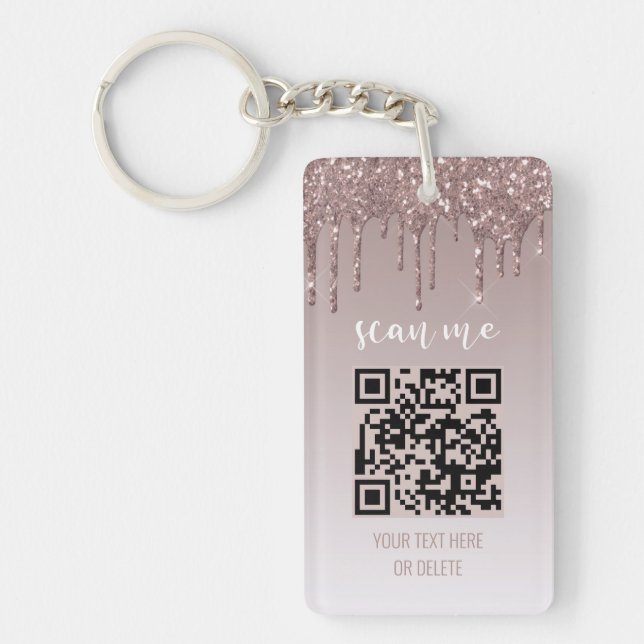 QR Business Card Blush Pink Dripping Glitter Keychain (Front)