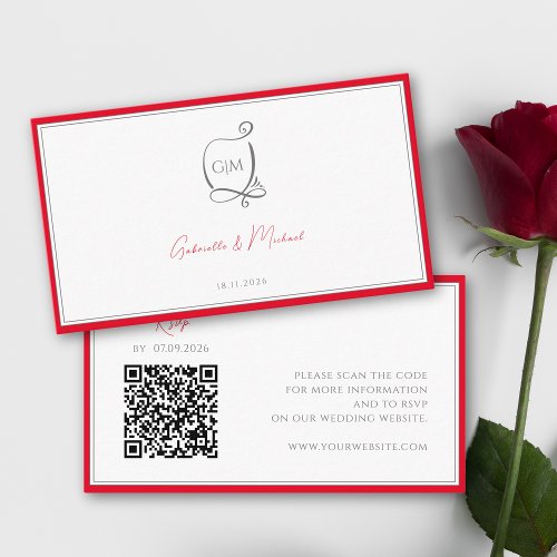 QR Cherry Red Simple Elegant Monogram RSVP Wedding Enclosure Card