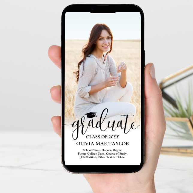 QR Code & 2 Photos Modern Black Script Graduation Announcement (Front Digital)