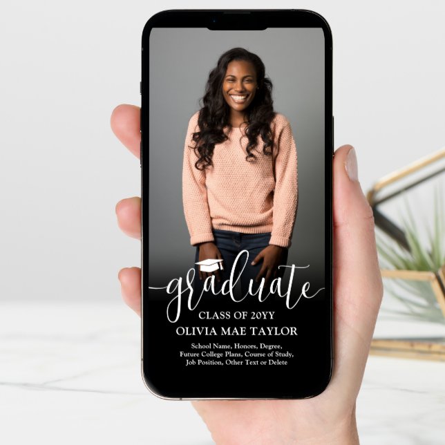 QR Code & 2 Photos Modern White Script Graduation Announcement (Front Digital)