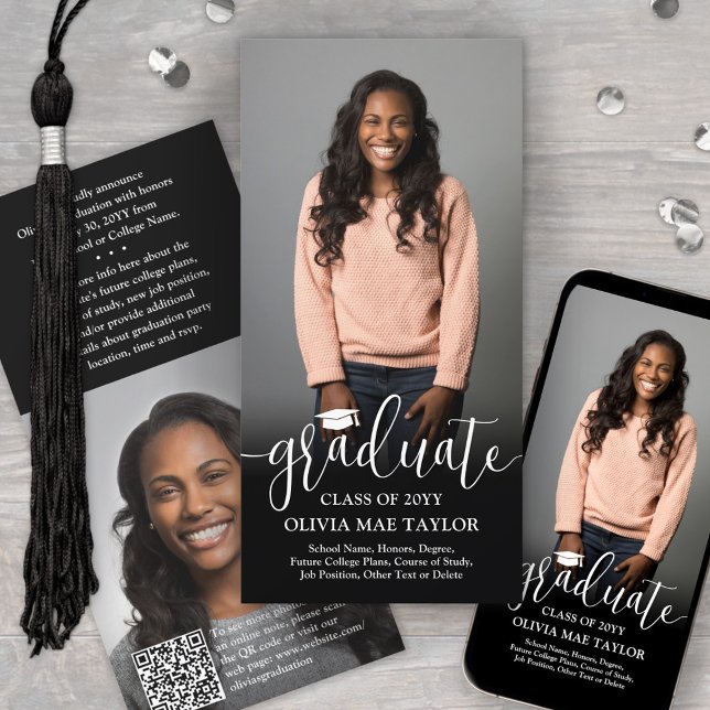 QR Code & 2 Photos Modern White Script Graduation Announcement (Creator Uploaded)
